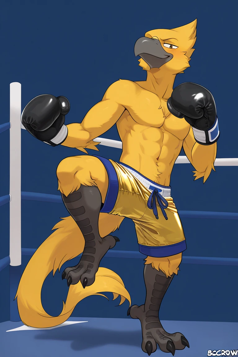 marrukryt, solo, worried, closed mouth, realistic, anthropomorphic, (by personalami:0.5), (by unpopularwolf:1.1), (soft shading), 4k, hi res, 8k, detailed eyes, 8k eyes, eyes focus, green eyes, muscular, 5fingers, handsome, boxing ring, boxing gloves, lights on, crowd in background, jockstrap, detailed background, full view, ((fully body shown)), (feet shown), muscle flexing