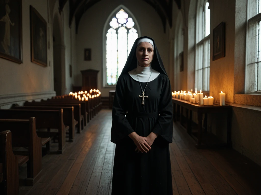 score_9, score_8_up, score_7_up,  1girl (medium full shot) of (angelic young woman:1.1) nun brazilian with dark, wavy hair, brown eyes, tan skin, athletic build,             wearing sage green habit with a veil and long-sleeves, ankle-length skirt, black stockings, traditional nun's coif, black loafers, holding a prayer book, angry, jumping in the air, .in  convent Refectory, Simple dining hall with long wooden tables and benches, polished silverware neatly arranged, a large serving hatch, religious artwork adorning the walls, and the aroma of freshly baked bread  .Masterpiece,best quality, photorealistic, amazing quality, very aesthetic, extremely detailed face,