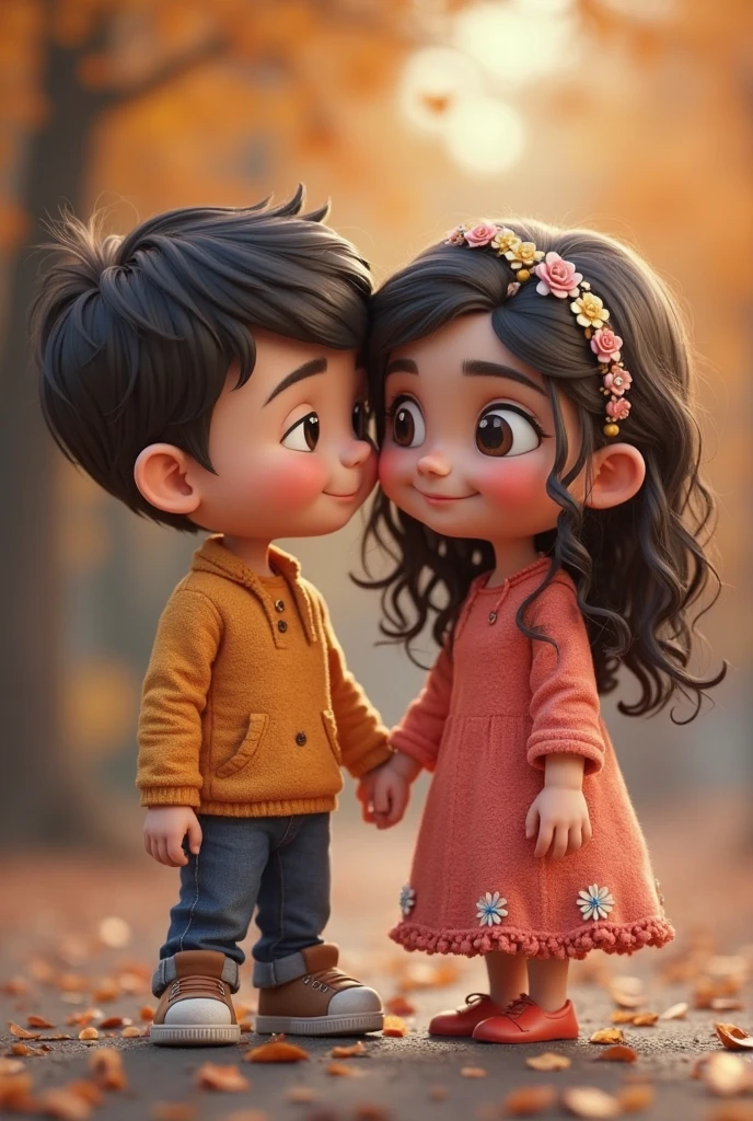 Design an image of a 1 Sri Lankan boy with dark skin and a 1 Korean girl standing together in a cozy indoor setting. The boy’s face should be clearly visible and facing the viewer, dressed in a hoodie and jeans. The girl, wearing a cute dress, should be standing beside him. The background should include comfortable furniture and warm lighting