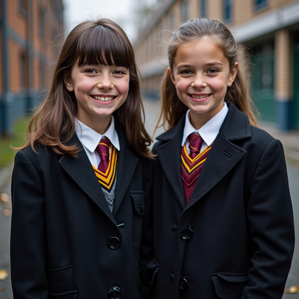 2heads, two headed girl, age 18, student, school uniform, Irish, outside school, closeup, chubby,