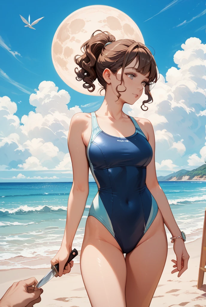 linewatercolor,qingqududou,1woman,strapless,panties,underboob,bare shoulders,navel, (pink bodysuit:1.2), (night sky, full moon, water splash:1.3),\n(brown_hair, huge breast:1.2), mechanical_legs, mechanical_arms, choker,\n(masterpiece, high quality, best quality, 4k, 8K, 16K, highres, absurdres:1.2)<lora:qingqududousdxl:0.7> <lora:linewatercolorsdxl88-000001:1>