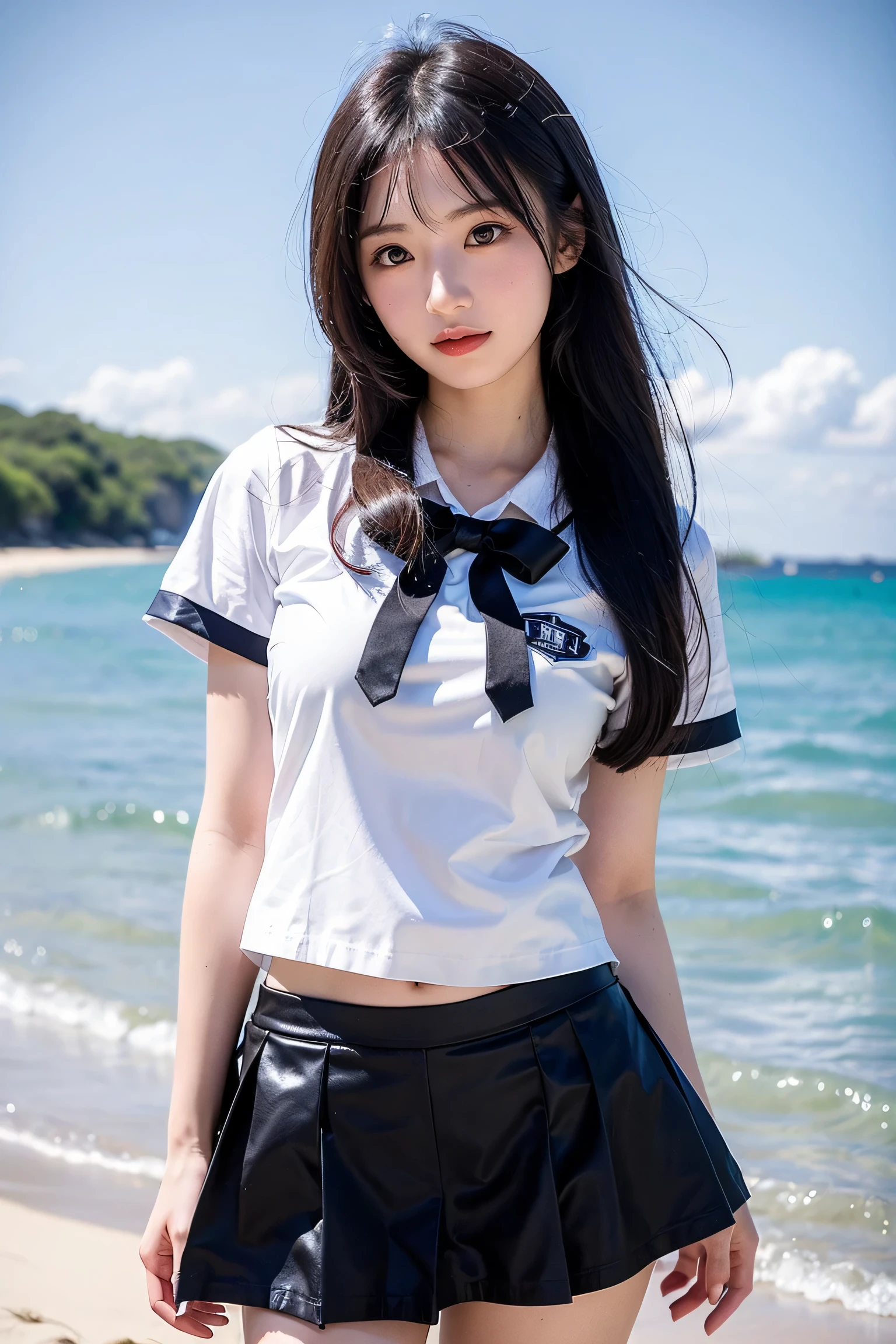 ultra highres,(reality: 1.4),highest quality, masterpiece, high detail, 16K quality, beautiful, 1 beautiful girl,japanese,super beautiful face,baby face,japanese idol face,cute face,super detailed face,detailed hand,beautiful skin,sweaty skin,big eyes,big smile,profeccional lighting,medium hair, black hair,brown beautiful eyes, white shirt,bowtie,brown checked skirt,standing,skirt lift,((wind lift:1.3)),(((show off panties))),((white panty)),medium breasts,she is looking at the camera,beach,blue sky, beautiful blue ocean,nsfw,from front,