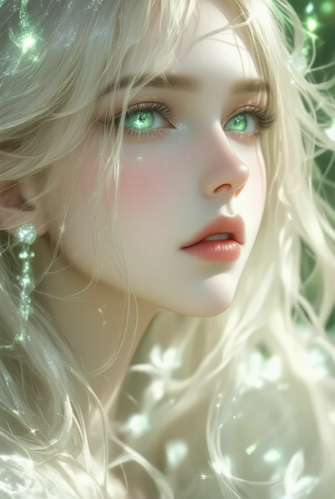 "(((Masterpiece)))), best quality, ultra-detailed details, extremely delicate and beautiful 8k wallpaper, floating, zooming in on the face of a beautiful girl with long white hair, intense green eyes and pale skin."