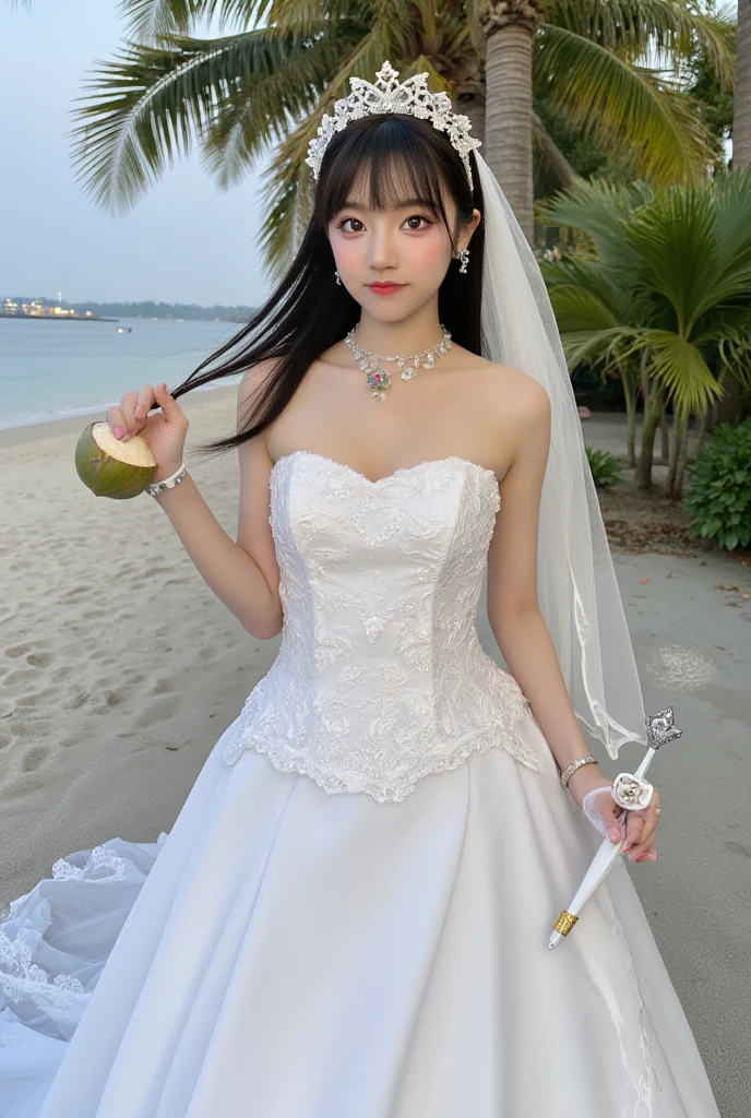 Dating couple, the man in white business clothes and the woman in a white lace mini blouse and white lace skirt, short black wavy hair, beach scene, the man handing a 3D heart to the woman