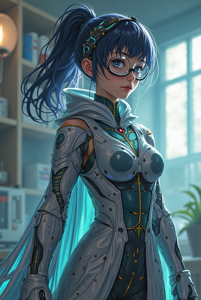 high resolution, ultradetailed, 1 girl, (short dark blue hair with black tint:1.2), (green tight floral suit:1.1), (library ruins background:1.2 ), sunny day, ray of lights, 16k, unreal engine, UHD, photorealistic, (skin texture:1.4), (detailed face features:1.3), correct proportions, beautiful yellow eyes, cowboy pose, pretty eyes, Iris contour, thin lips, (thin and sharp pale eyebrows), long dark eyelashes, double tabs, (dynamic pose), huge ahoge, glasses, enigmatic, mariarya, dark elf, pointy ears, light skin, full body shot, accurate small snub nose, kawj