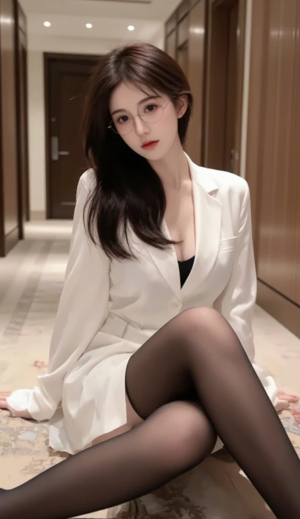a 19 year old face of the most beautiful actress in the world, the perfect body proportions of a female, blazer is firmly worn on formal shirt which is covering the whole upper body of a female, sitting on a sofa with spread the legs in the living room, the whole vagina between opened legs is clearly seen thanks to nothing is covering it, detailed genitalia of the female lower body, both two hands of a female are put off the crotch, nsfw, best quality, highly detailed, masterpiece, ultra high res, photo realistic, 8k, just upper body is in clothes
