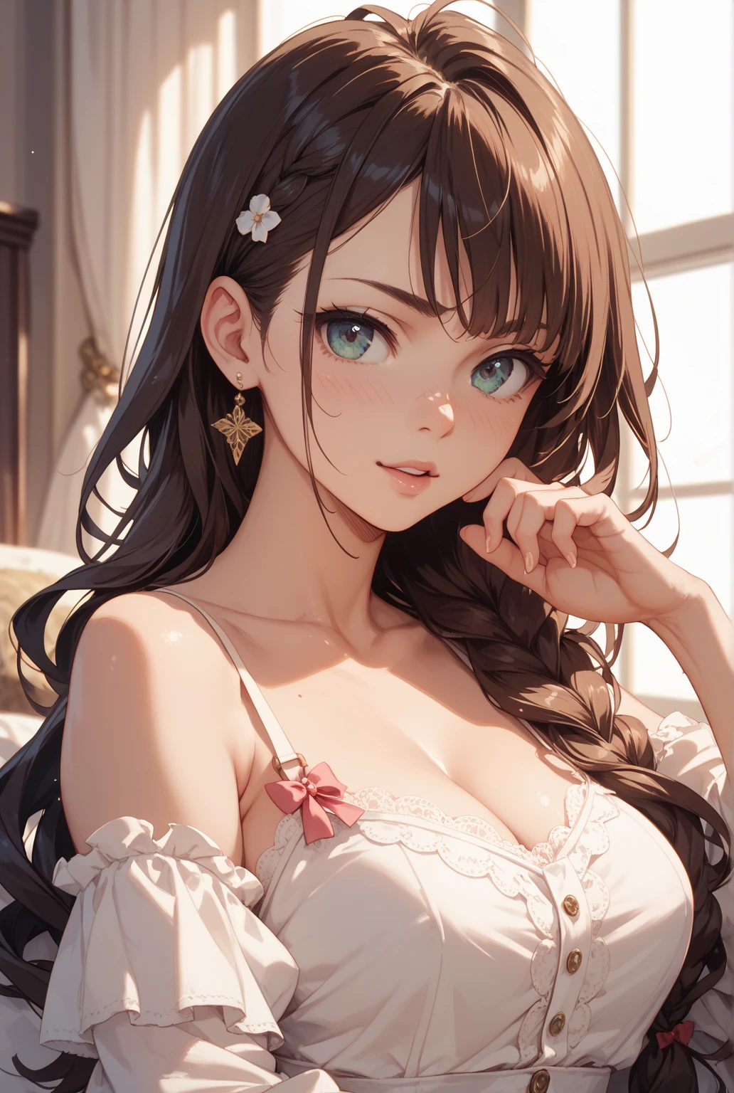 (masutepiece, Digital Art, Digital Illustration, 4K, 8K, Ultra-detailed, beautiful image, Sharp Image, Photorealistic, Raw photo, Perfect face, Perfect lines, Perfect eyes, Soft lighting) 1 woman, (lightbrown hair,Chignon Hair,Innocent look,drooping eyebrows,drooing eyes,with round face,Round jaws、Innocence,cute little,big eye,natural make up,kindly smile,E-cup,23 y-o woman:1.3),Two handsome men in suits, (ember,Men in suits,well-muscled,Firm shoulder width, Man's,Boyish hairstyle,Man in his 30s with a cool expression,28-year-old man with bright smile:1.2),Bedroom、Bet、Flower Cottage,colorful flower,Lace Nightgown,(Nervous,be shy,sleepy,embarrassed from:1.1),the kiss、kiss、a couple、couple kissing、Romance、Romance、ssex、Have 、Wet pubic area、insert 、、Overflowing、A slight smil、wretched、独奏,Full body painting,(One Girl And One Man,Having :1.5),(ember, Man's,Rubbing the girl's boobs:1.2),Cheek dyeing、gasping face、embarrassed、boredom、begging、Unhappy、Greedy expression,Wet pubic area、 xen、Open your crotch wide、Cheek dyeing、gasping face、embarrassed、boredom、begging、Unhappy、Greedy expression,Wet pubic area、 xen、Open your crotch wide、Cowgirl、Poroli、Fluttering chest、Wet shirt、Lace underwear、Take off your underwear、Sheer nipples、Roll up the hem of your nightgown、Show panties、Plug-ins、 penetrated by genitals、Take off your underwear and show your chest、Licking ears、She spread her legs wide、I play with my wet genitals with my fingers....................、Glowing face、Drenched in sweat、(ribbon on the neck、Finger Heart:1.4)