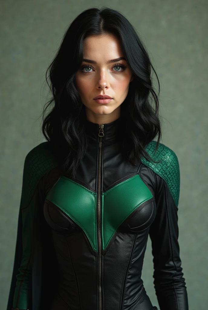Realistic 21-year-old female character,  pale skin, blue eyes, serious look, long black hair, She is the daughter of Super Girl and Lena Luthor, has a costume like that of Super Girl but the colors are black and green