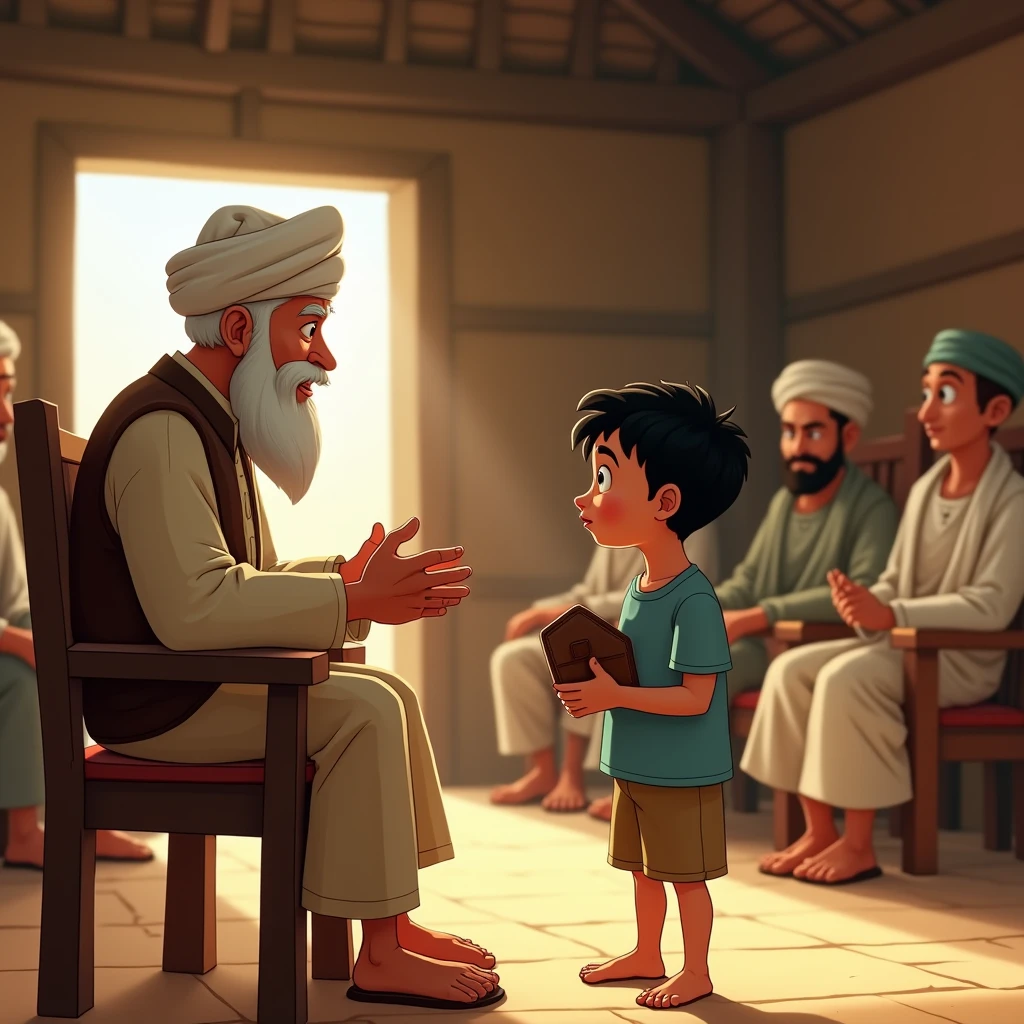 Animated image of a Muslim prophet chatting with two grandsons 