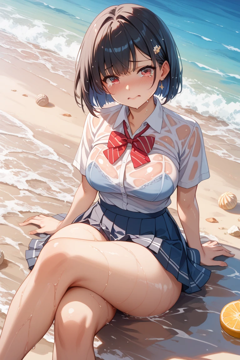 Masterpiece, top quality, super high resolution, (illustration style), (full body anime illustration, detailed anime style, beautiful art style, style anime, anime style illustration), (detailed skin, shiny skin, detailed skin texture), (biologically accurate skeleton, accurate limbs), 18 years old, slender body, cute face (beautiful woman, beautiful woman, sitting on the ground wearing sneakers, (blue, white, black), anime girl squatting, (beautiful big tits), (casual shirt, casual sneakers, simple pleated skirt), (young anime girl), casual pose, urban girl fanart, ( short bob hair, shaggy hair), monotone background, simple coastal background, hocus pocus on person, blurred background, bare feet and cute sandals,