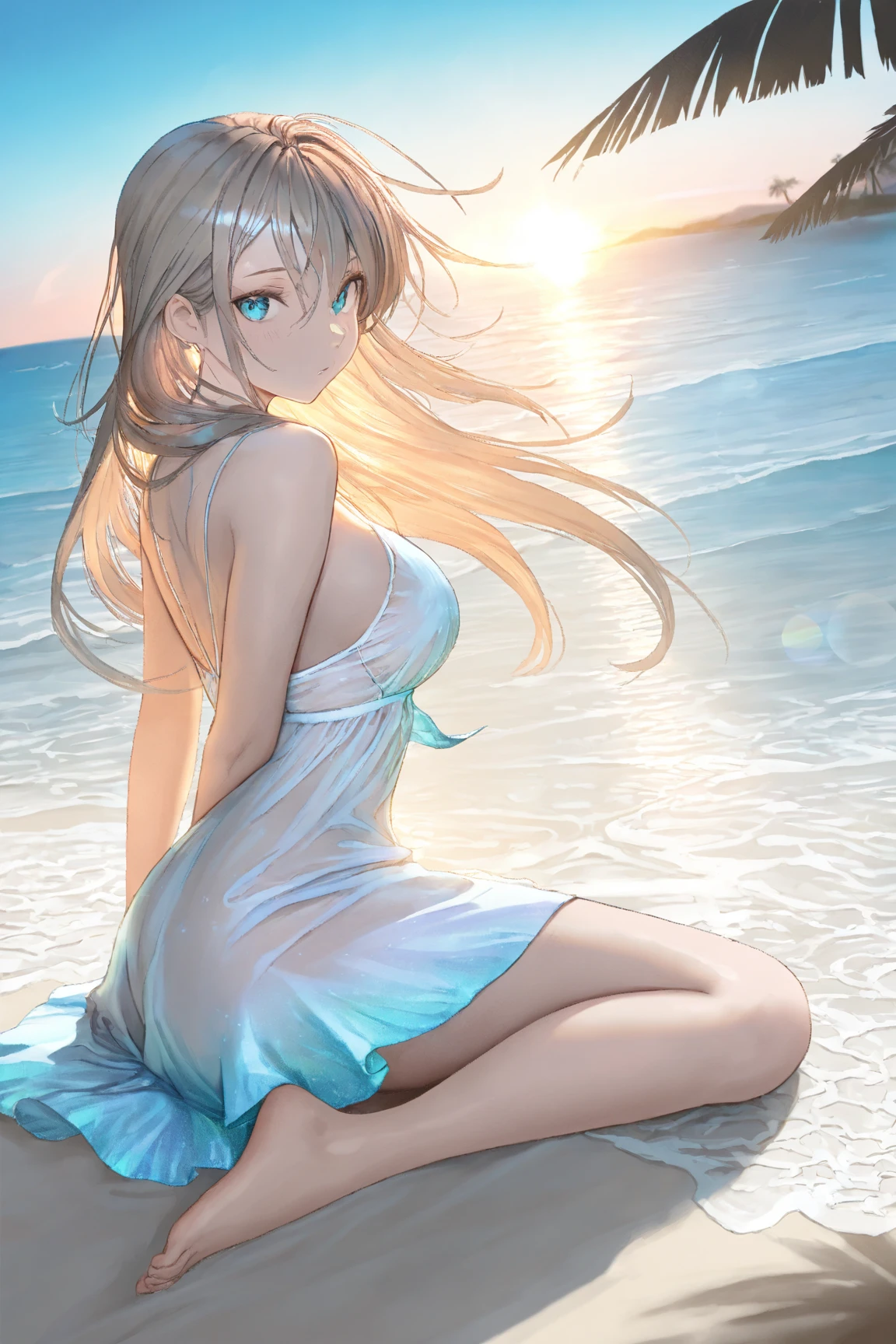 realisitic、top-quality、女の子 1 人、25-years old、light colored hair、piercings、Shy face、Fancy Bikini、beautiful boob 、sexypose、s ass、night sandy beach、Particles of light、profetional lighting、blue open sky