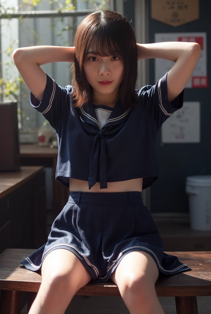 (8k, RAW Photos, highest quality, masterpiece:1.2), (Realistic, photo-Realistic:1.4), (Highly detailed 8k wallpaper), Beautiful woman in Japan at school. Idol-like face、Blue Bloomers, Short Bob Hair, Black Hair, Are standing