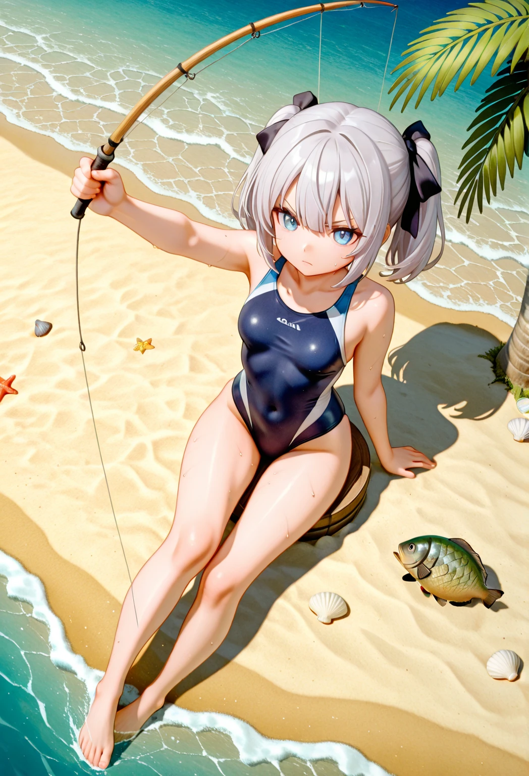 2d, masterpiece, loli, best quality, anime, highly detailed, full body, 1girl, solo, gura_bikini, blue bikini, frills, barefoot, :d, sharp teeth, shark tail, dynamic pose, beach, island, palm tree, towel, waves