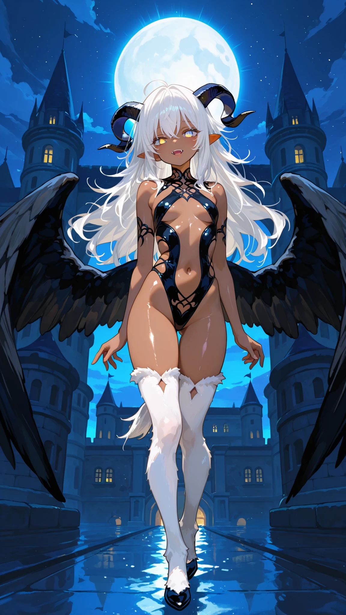 (((android girl))),no human, beauty face, detailed face, silver very long hair, bangs, best smile, wings, headphone, ((mechanical wings 1.8)), ((metallic wings 1.8)), shining gold eyes, ((white highleg leotard)), ((white halterneck backless leotard)), ((see through 1.6)), silver and gold embroidery, silver embroidery on the hem, floral embroidery, lace over the shoulders, lots of ruffles, lace ruffles, lace-up heels, ((mechanical arms)), ((mechanical legs)), ((mechanical body)), light shining through, Backlit, soft light, sexy,((very small bast)), slender, beautiful thighs, bare shoulders, navel,((sacred atmosphere)),holy light, ((in the blue sky)), masterpiece,ultra-detailed, High resolution, best quality, High quality, soft light,r eflected light,(pale tone 1.6),((realistic)),(dynamic angle),mysterious atmosphere, blurred tones,((cowboy shot)), 
