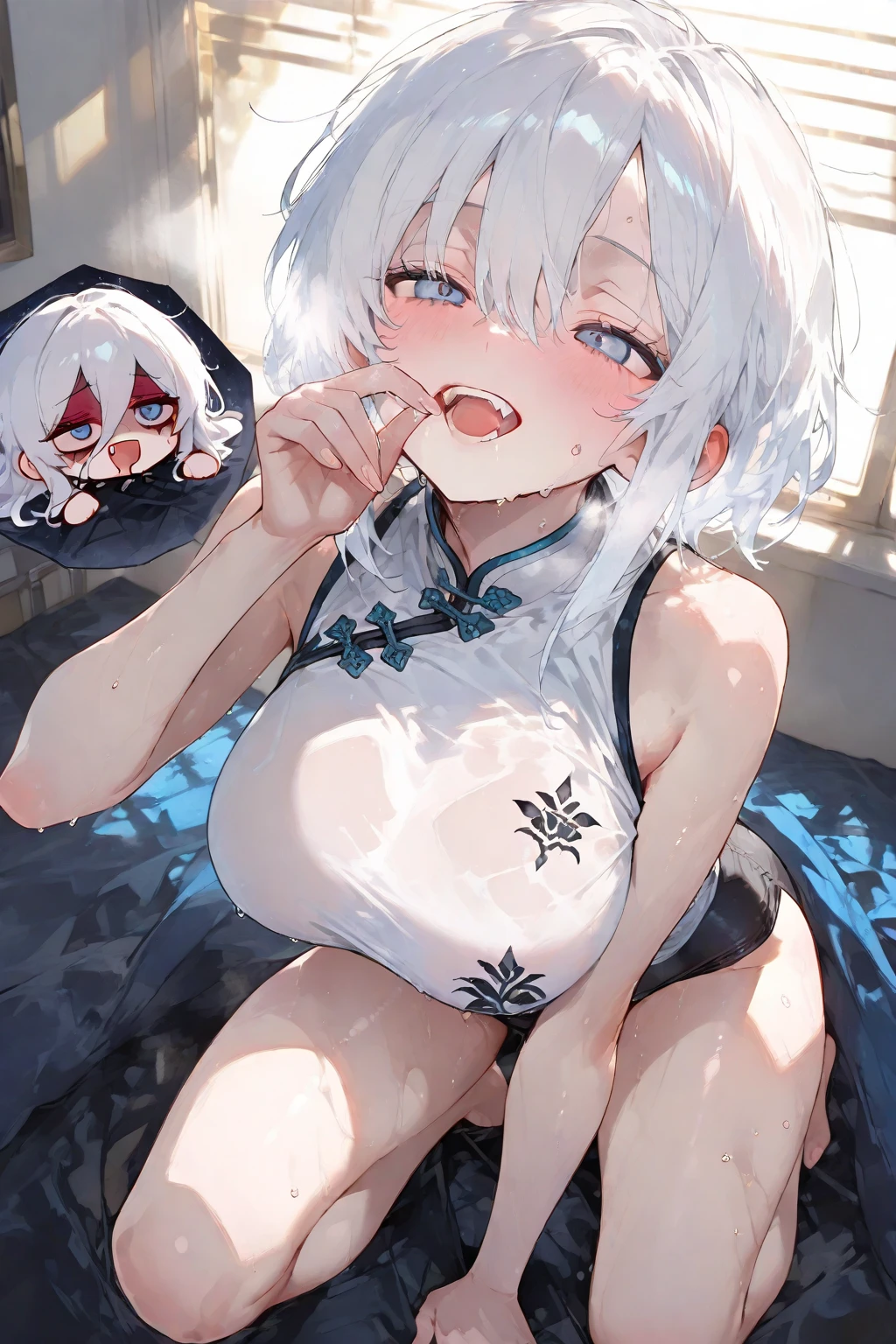 (Tabletop, Digital Art, Digital Illustration, 4K, 8K, Very detailed, Beautiful images, Clear images, Realistic, RAW Photos), masterpiece, best quality, 1 girl, 独奏, bob cut, platina silver hair, red eyes, (white wedding dress:1.2), VIP lounge in casino, (breasts out:1.2), (nipples:1.3), (nsfw:1.3), steam, (sweat:1.3), sexual excitation, cowgirl position, (penis:1.2), (sweat:1.3), (orgasm face,1.5), (flustered:1.3), sweat,chapel, spread legs, 1 boy, pov hands, grab breasts, big eyes,(junior high school student),Delicate lace、parted bangs, on bed ,tentacles, tentacles sex, vaginale,cum on body,crying,cum overflow,tentacle bound legs,cum overflow,
