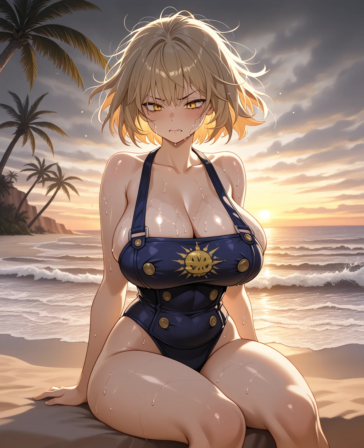 Seras Victoria, milf, old woman, yellow hair, light blue striped bra and panties , ((light blue striped bra and panties, flushed, smile coqueta, black lipstick)) , (( flushed, smile, oiled skin, blue eyes, fornida)), picking up her breasts, (( rubor, Caderas anchas)), Curvy body, (( big sagging breast )), long legs, open legs,Iparuputsua, lying down, ((acostada)), on the beach at night, city lights in the distance, Cancun, image from below