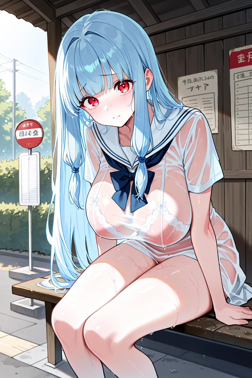 One Naked Girl、Wearing a sailor uniform、only one naked、Crouching on the main street、Wide-open legs、Knees up and legs apart、Spreading her legs、Light blue hair、blue eyes、Large breasts、Nipples、Have dead eyes、Feeling embarrassed、Blushing、Are crying、Look down、Wearing green panties、Low-rise panties、Daytime view、Being tied up with hands behind back