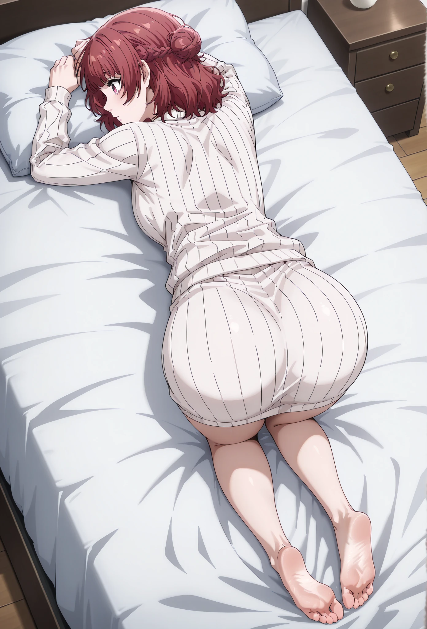 nsfw 1 girl,(anal masturbation),ass focus,((cum in ass)),curvy,short hair,bob cut,dark red hair,(embarrassed),(nude),from behind,(all fours),top-down,bottom-up,(looking at viewer),from above