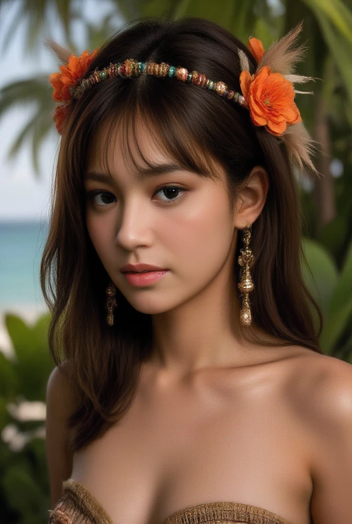 8K，12 year old Chinese girl，the sea，sandbeach，Wear a headgear，in a bikini，necklace gold，Elegant smile，Ultimate detail