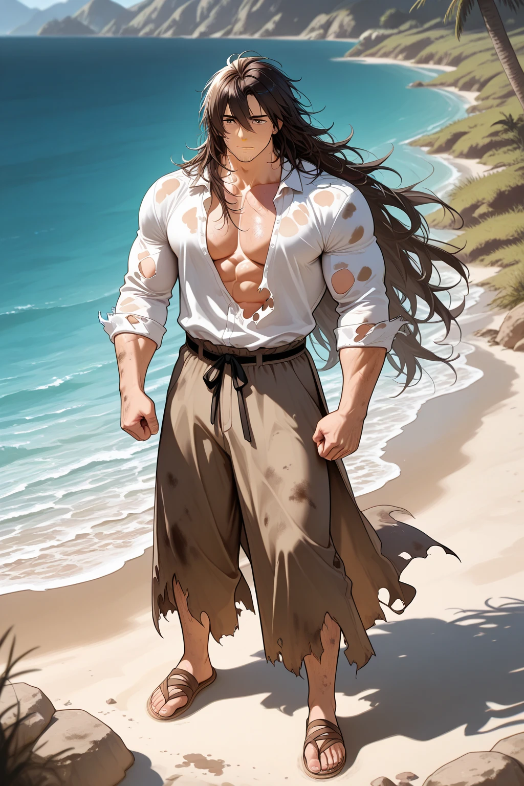 (Beautiful muscular face man with long face, abs and pecs, thick arms and legs, long black hair, beach, 8K, very high quality detailed animated illustration), (Sharp, dynamic angle: 1.0),NSFW,