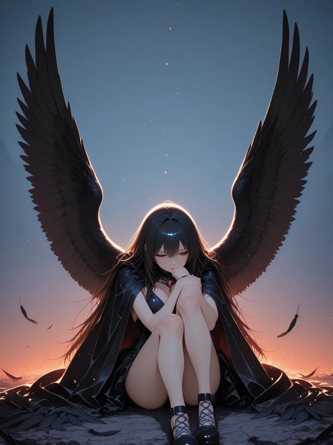 ​masterpiece、top-quality、hight resolution、8K、1beautiful girl、Wide Angle、from distance、full body Esbian、Front view、Harpy Girl、Harpy、The arms are winged、long wings larger than the body、Spread white wings、Wings grow and approach the viewer..、natta、sitting on a small rock、I can&#39;I can&#39;t see the face in the silhouette、Only the eyes glow red、Looks like a silhouette because of the moon.&#39;Back lighting.、Mystical、Fantastical、