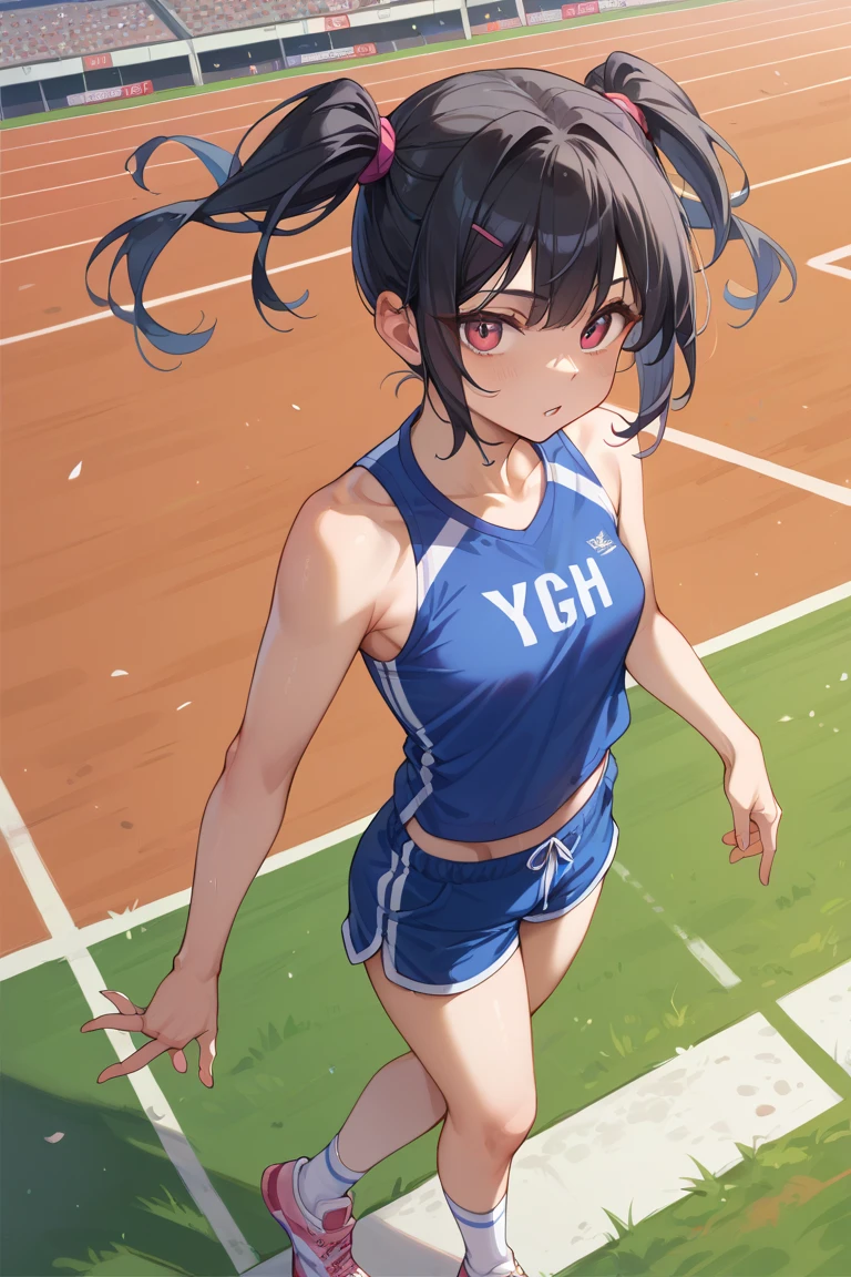 dog,Singlets,runner,cute,girl,Olympic,running,Finish,masterpiece,best quality,super fine illustration,super detailed,BREAK,Black Hair,short hair,Thick eyebrows,little smile,tears,