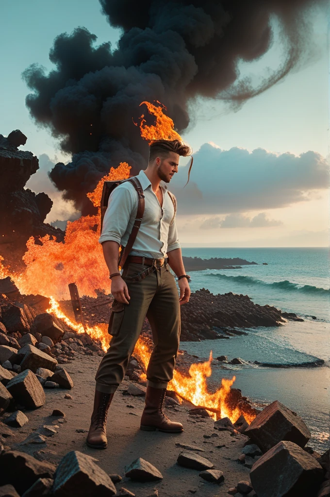 In the background, smoke billows into the sky from the wreckage of a burning debris, its twisted metal still crackling with flames, as the turquoise sea laps calmly at the shore, untouched by the chaos behind her.