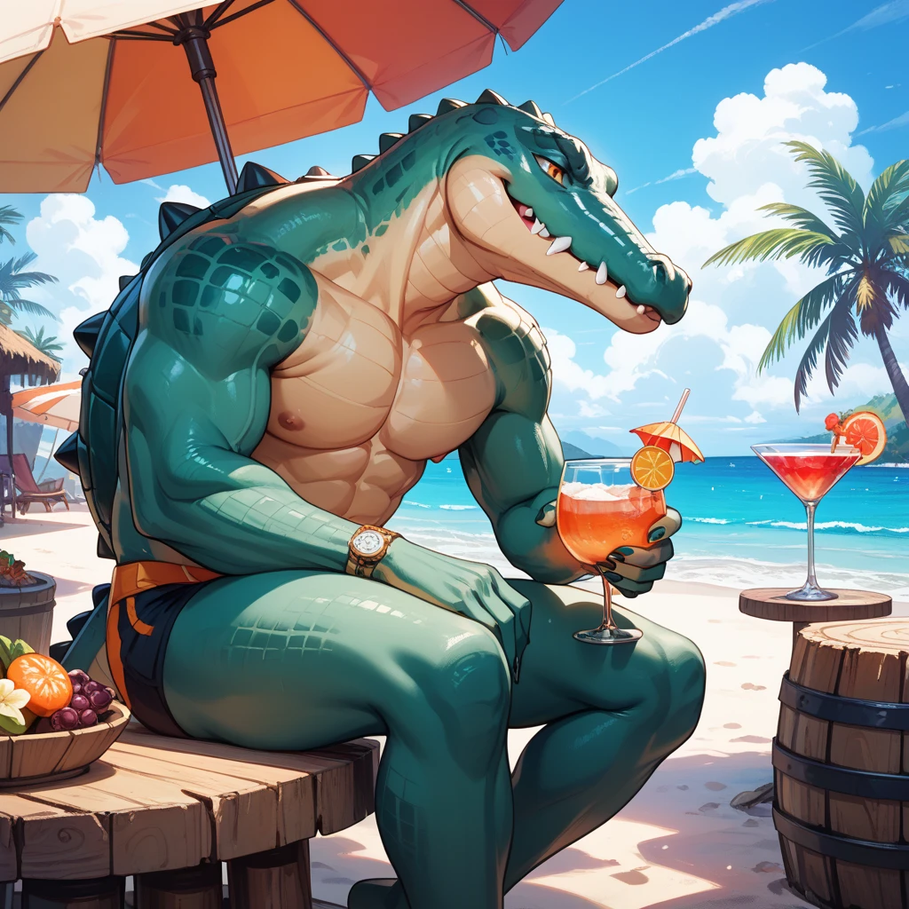 ( masterpiece, Highest quality, High resolution, Deeply drawn boundaries, 8k, Super detailed), (Detailed face:1.2, Detailed eyes), Killer whale, male , Muscular, Full body view, Smooth Skin, (Nondescript crotch), A city with a view of the sea, Paved roads, surfer, Daytime, Are standing, Toned buttocks, Showing his teeth, Black pupil, green(Aloha Shirt), sunny, Thick tail, swim trunks, Abdominal muscles, (I have a tattoo on my chest),