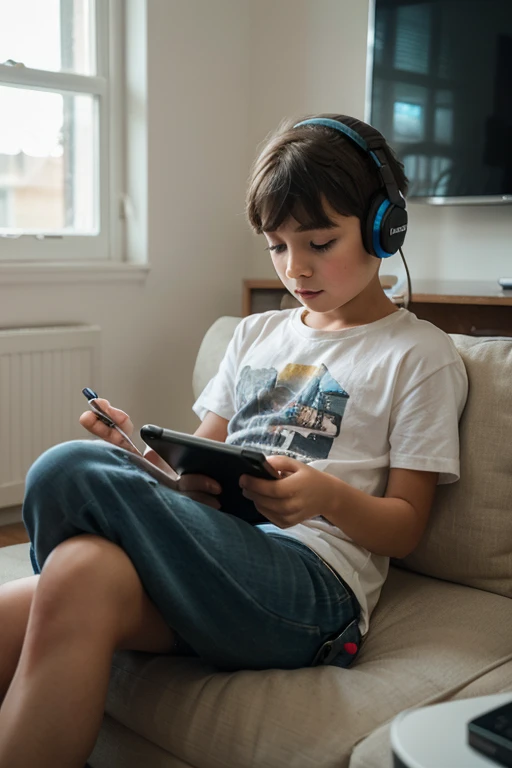 Un jeune garçon américain dans sa chambre entrain de jouer à des jeux sur sont téléphone, le décor de la Chambre est relation avec l'univers des jeux vidéo