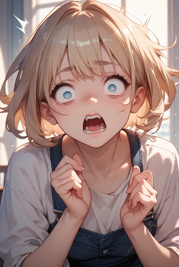Upper body shot,close-up, face, open mouth, looking up, medium hair, sitting, simple background,Blushing, sweating,