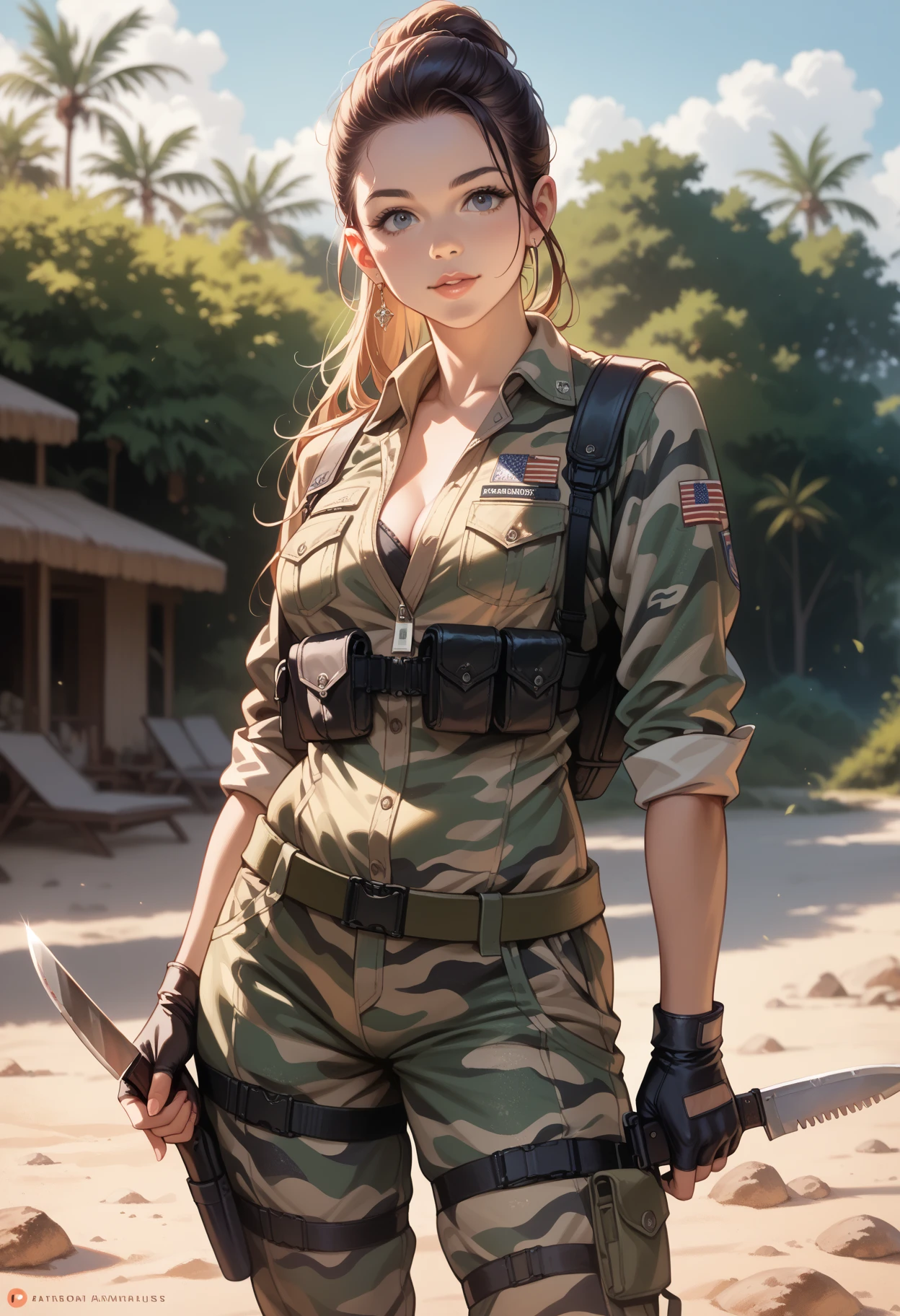 An image of a busty female soldier, brunette hair, gorgeous, emma stone, (cleavage), camo vest, hotpants, jungle, (detailed skin complexion:1.2), best quality, vivid color, rtx shading effect, ambient occlusion, highly detailed textures