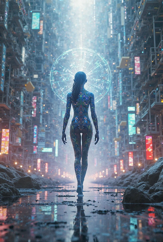A luminous digital ghost manifests in a kaleidoscope of psychedelic hues, its ethereal form pulsating with energy. This being, reminiscent of an otherworldly alien, appears against a backdrop of swirling colors in a long exposure photograph. The image captures the ghostly figure in exquisite detail, showcasing its shimmering transparency and vibrant, electric presence. The intricate patterns and vivid tones leap off the screen, creating a mesmerizing and mesmerizingly beautiful sight for the viewer.