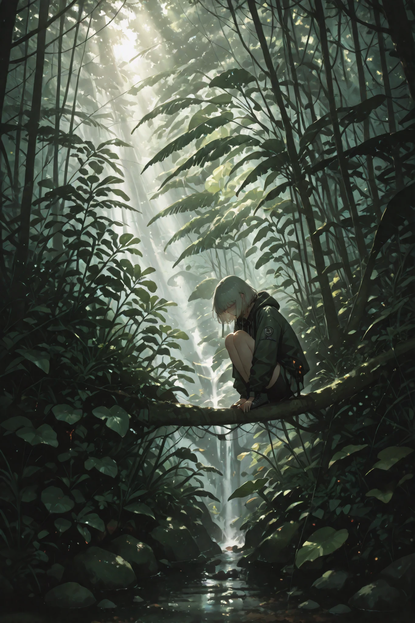 「uninhabited island survival 」。Only One Person on an Uninhabited Island、who is surviving?。Photographic illustration showing how people survive on an uninhabited island、Advanced Realistic Expression、Realistic Textures、Rainforest environment with sunlight shining in、Nature full of biodiversity、Exhausted expressions and movements、Emotional expression mixed with despair and hope、4K High Quality、Post-Production Processing、Professional realism、Advanced Texture Reproduction、detailed
