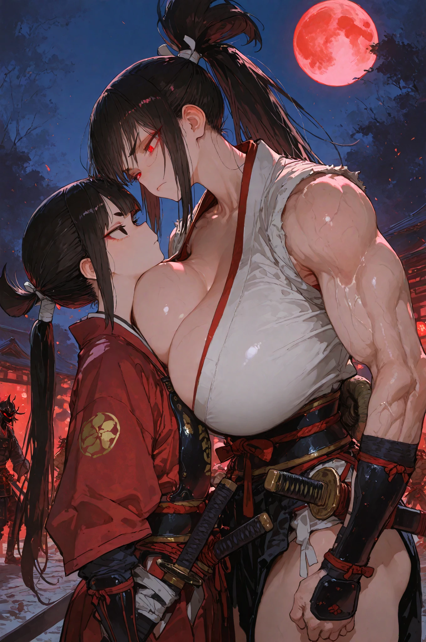 nsfw:1.5,Momo Yaoyorozu, ponytail、sorry、I have black hair, Screaming, Ahegao、Eyes Wide Open、Bodysuits, Big Lips, outside, Curvy、(1 muscular old man, a muscular old man is grabbing girl’s breasts from behind)、Overflowing Sex Fluids、Angle from the front