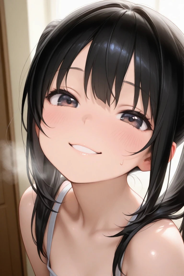 Sitting on a black sofa,looking ahead,from above,side view,face focus,open mouth,tongue out,cum on tongue,lick,(1girl,Beautiful 14 year old girl),((Slender,Small breasts,Baby Face,Small face,)),looking at viewer,Black Hair,bangs,two side up,Gray Eyes,Drooping eyes,slit pupils,narrow eyes,白ollarbone,white t-shirt,bare shoulder,Black mini skirt,Beautiful and detailed anime art,Mischievous smile,Dimly lit room,Simple Background,Gray background,Low lighting