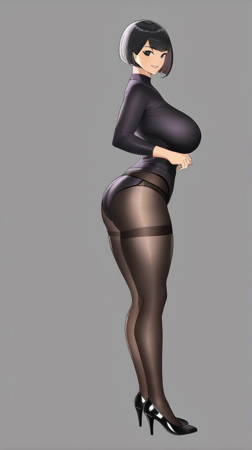 Jessica, with her large breasts, long beautiful legs, and twintails, is standing in a black high-cut bunny suit and fishnet stockings, throwing a kiss.。