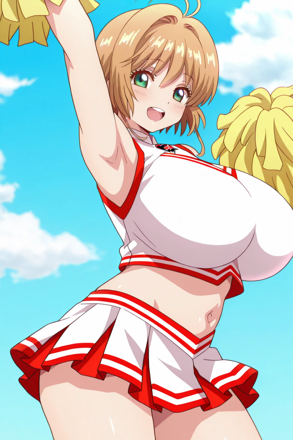 ((1girl:1.3)), ((moe style:1.3)), ((cheerleader:1.3)), ((camera:1.3)), ((ground shot:1.3)), ((underboob:1.3)), ((large breasts:1.3)), ((centerfold:1.3)), ((extremely feminine:1.3)), perfect hands, ((perfect face)), ((extremely cute:1.3)), ((masterpiece)), ((8k)), ((best quality)), ((beautiful)), ((extremely detailed:1.3)) , ((absurdres)), AddXL, ((score_9:1.3)), ((score_8_up:1.3)), ((score_7_up:1.3)),