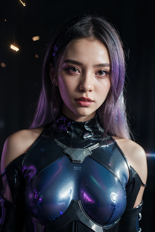 Cybergoth fashion cyborg photography, minimalism, motion blur, extremely subtle miniature glowing inlaid subdermal algorithmic OLED makeup with gentle soft subsurface scattering, cybernetic influences, purple sky ambience, shallow depth of field