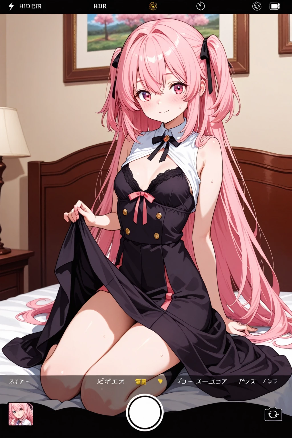 masterpiece, {{{{Highest quality}}}}, beautiful,NSFW,1 girl, cosplayer (someone who participates in cosplay), {{{salmon pink hair}}}, {{{light brown eyes}}}, {{{underwear only}}}, {{{bow bra(pink)}}},{{{bow panties(pink)}}}, lace-trimmed bra(black), lace-trimmed panties(black), lace trim, a choker、{{{{strap slip}}}}, selfee、piece、taking a picture of oneself (esp. with cellphone camera), self_shot
