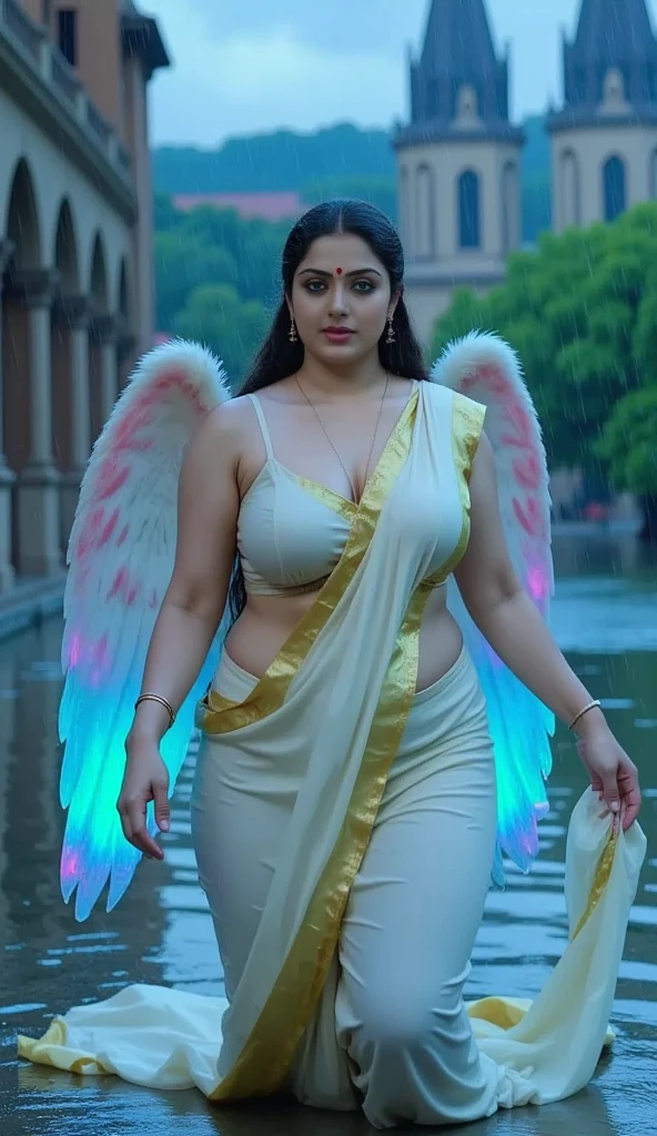 (masterpiece oil painting:1.3) of a (solo:1.3) ravishing sexy curvy chubby tall supermodel Shahrukh Khan as elegant bride, in a flower garden venue, wearing ethereal bikini, Big breast almost D Plus navel, with embroidered angel wings, lavish flower decorations, intricate henna tattoos,, (ravishing long wavy backlit hair), (enchanting daylight:1.2), (intricate kohl lined eyes:1.3), (adorable smile:1.3) soft dramatic lighting, flower everywhere, backlit, light rays, highly detailed, trending on artstation, paint splashes, rich colour, fantasy portrait, by atey ghailan & Annie Leibovitz, HD quality photo, intimate with husband