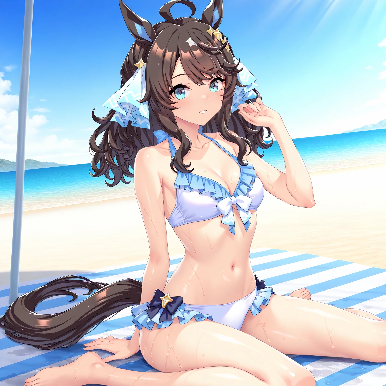 (masterpiece, best quality), (detailed and beautiful eyes), (detailed eyes and detailed face), (beautiful and clear background), (extremely detailed CG, super detailed, best shadows), (( depth of field)), beautiful conceptual illustration, (illustration), (extremely delicate and beautiful), (perfect detail) anime characters sitting on a beach chair with a backdrop of a beach, a screenshot by Kamagurka, pixiv, process art, azur lane style, from the azur lane videogame, kantai collection style, visual novel cg, characters from azur lane, azure ocean, realistic bikini, beaching, pc screenshot, girls frontline style, kantai collection arcade