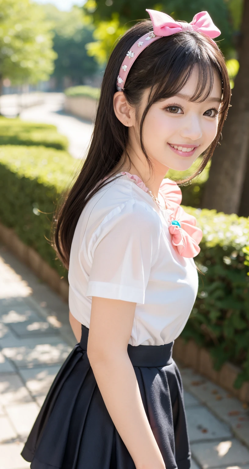 8k,masterpiece,Japanese,9-year-old girl,from the front,whole body,smile,Innocent face,Childish,Large Breasts,white buttoned sleeveless shirt,Very short skirt,semi-long,noon,bright,One cherry blossom