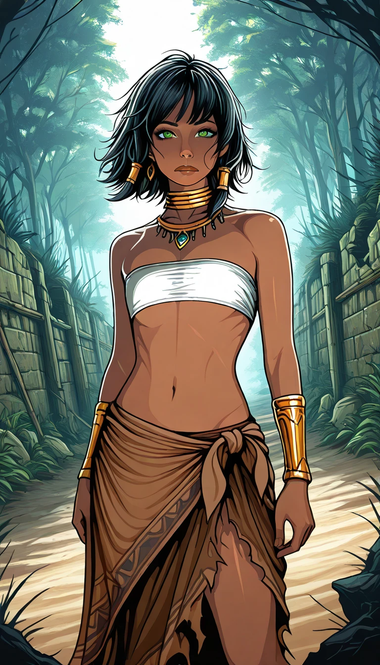 masterpiece, female, round face, dark wavy ponytail, tan, brown eyes, red tribal loincloth, jungle