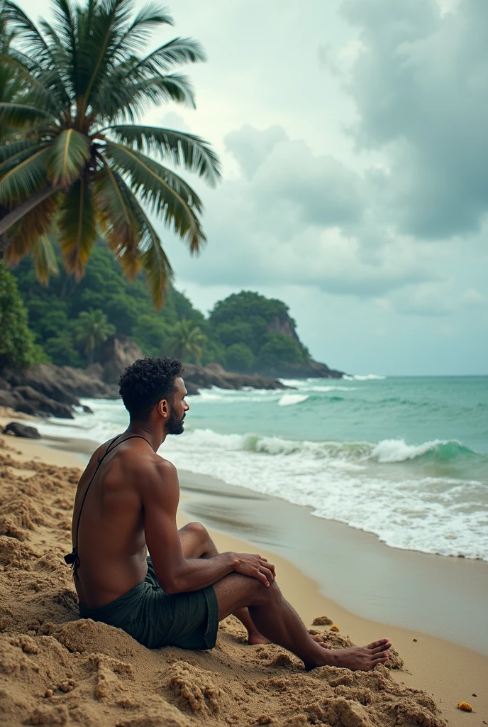 Strong, hairy, bearded, mixed-race Brazilian man in black swim trunks lying on the sand of the beach with sunglasses on his face enjoying the sun on the banks of a lagoon surrounded by greenery.