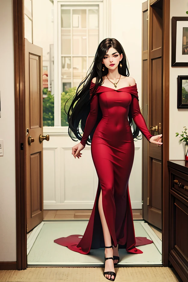 Dominant Woman Empress, with pale skin, straight black hair, red eyes, vampire teeth. She is wearing a red satin nightgown while standing on the balcony of her palace. Voluptuous body and serious.