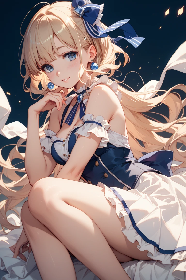 1 girl、laughter、light blue dress、white apron、blonde hair、ribbon、clock、wonderland、（small breasts）、movement、(パンティを膝までさげる,NSFW),SEX,