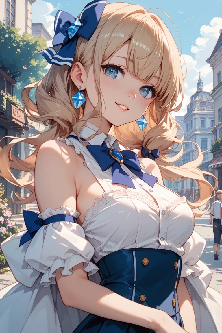 (Barbaradef),masterpiece,huge breast, outdoors, looking at viewer, detail eyes, detail face, standing, smile, (from front:1.6), upper body shot, (portait), (detailed face),genshin impact