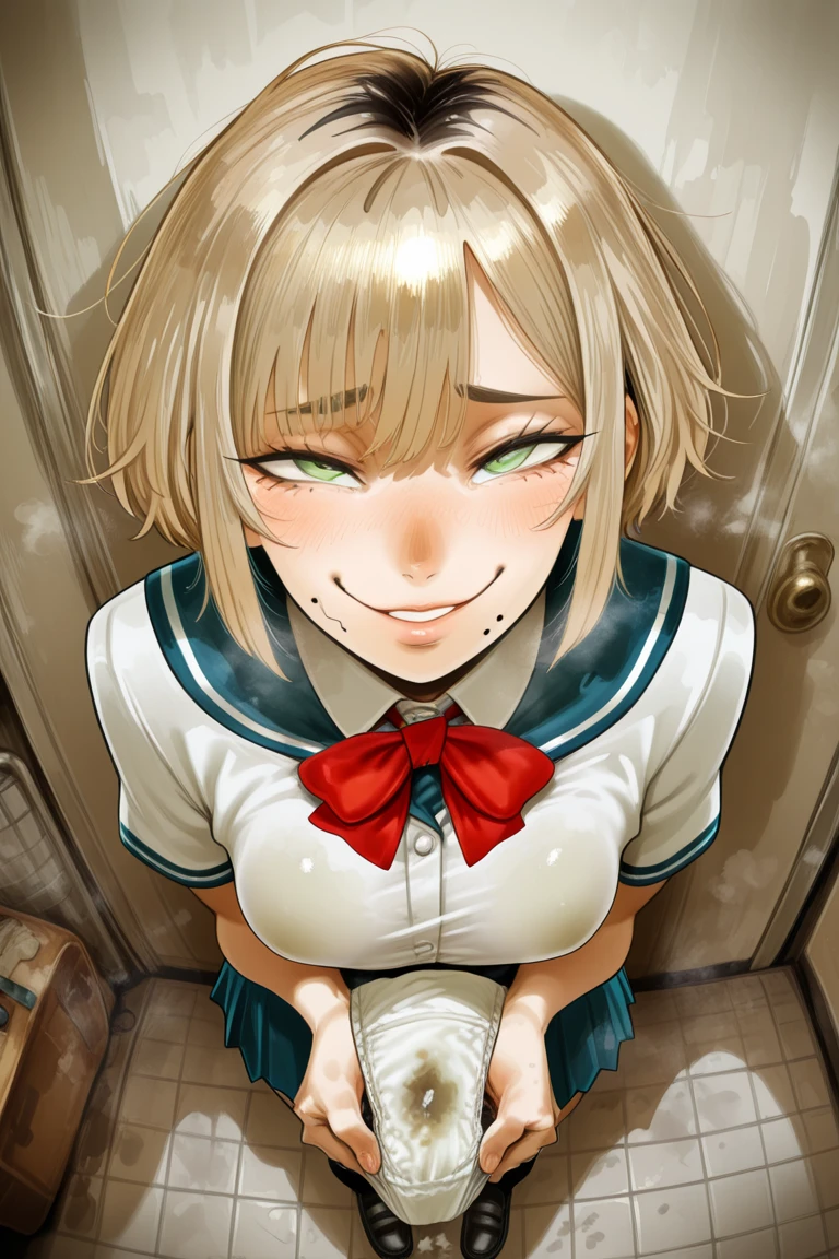 Highest quality，(Beautifully detailed white panties)，She looks at me teasingly.，(smile),School stairs,(She is excited with her panties over her face)