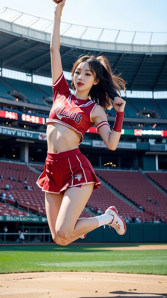 Beautiful girl, Korean makeup, Red lips, medium body, medium chest, femoral, baseball cheerleader outfit, jumping position, stadium landscape
