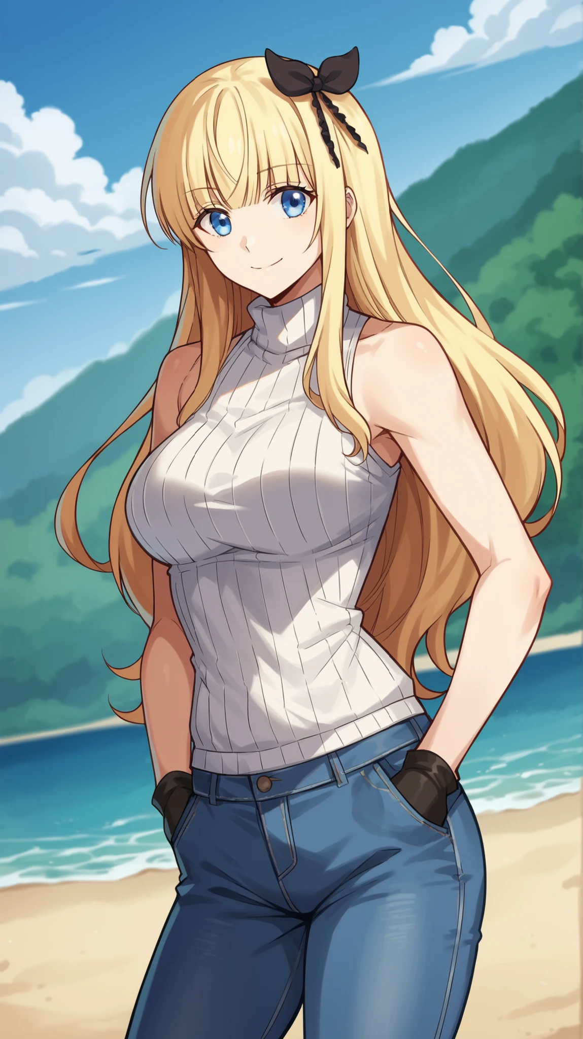 Beautiful 1girl, full body, teenager, solo, (very long waist length blonde hair, straight blonde hair: 1.28), ((light blue eyes)), clear skin, (large darker fox ears: 1.35), pale skin, medium breasts, cleavage, (thin hips, thin waist , athletic body: 1.25), background, looking away, shy smile, revealing clothes, (wearing a tight cropped t-shirt & bikini bottoms: 1.5), (groping chest: 1.37), (tropical waterfalls, laying water: 1.15), 4k textures, soft light, elegant, highly detailed, sharp focus, soothing tones,